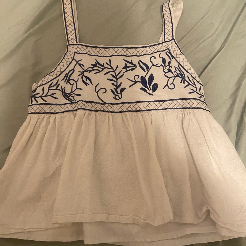 Embroidered White and Blue Women's Top